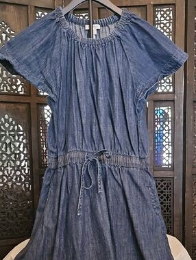 Denim Chambray Drawstring Waist Dress - Blue